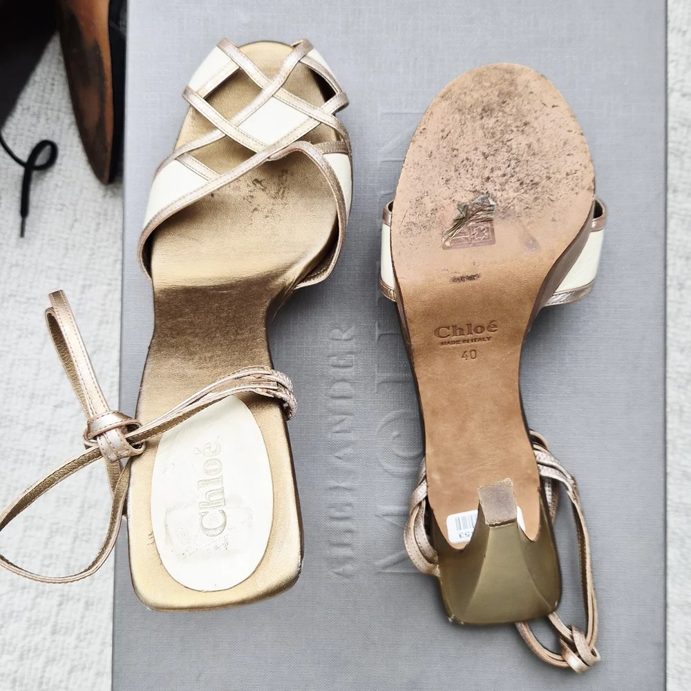 Chloe Metallic Strappy Heels - Cream and Tan - Picture 3 of 7